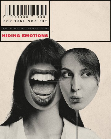 Photo for Changes in behavior. Woman expressing diversity of emotions, holding mask to hide hide real-self. Conceptual creative design. Concept of psychology of personality, inner world, hidden emotions - Royalty Free Image