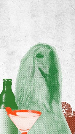 Photo for Elegant, beautiful, purebred dog with beer bottle and cocktail against textured background. Contemporary art collage. Concept of animal theme, party, alcohol drink, surrealism - Royalty Free Image