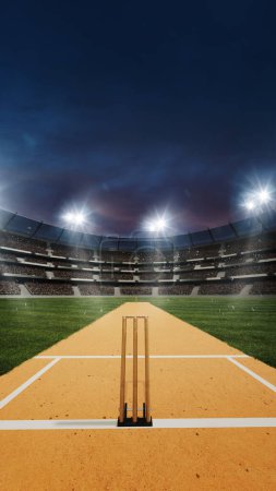 Photo for Vertical image of cricket open air stadium with fan zine tribune in the evening with flashlights. 3D render. Poster for cricket tournament. Professional sport, competition, championship, game concept - Royalty Free Image