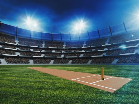 Photo for Cricket open air stadium with fan zine tribune in the evening. 3D render. Event poster for cricket tournament. Concept of professional sport, competition, championship, game - Royalty Free Image