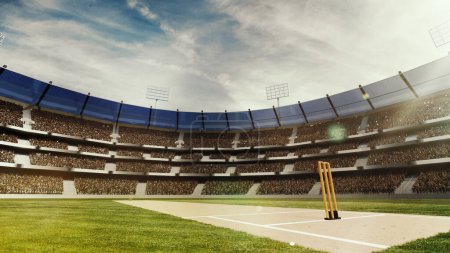 Photo for Bottom view of cricket open air stadium with fan zine tribune under blue sky. 3D render. Event poster for cricket tournament. Concept of professional sport, competition, championship, game - Royalty Free Image