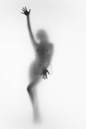 Photo for Body confidence workshop promotion, celebrating natural beauty. Blurred silhouette on tender young woman. Black and white image. Concept of body aesthetics, femininity, beauty, health, art - Royalty Free Image