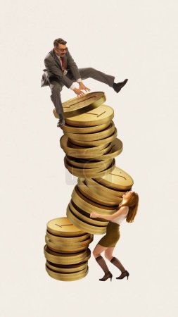Foto de Mujer sosteniendo la pila de monedas con el hombre saltando sobre ella. Colegas que alcanzan el crecimiento financiero y el éxito. Concepto de contabilidad financiera, educación financiera, dinero, ahorros, negocios, logros - Imagen libre de derechos