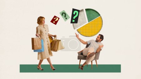Man sitting in chair with round financial chart above head and asking woman with many shopping bags about spending money. Concept of finance accounting, financial literacy, money, savings