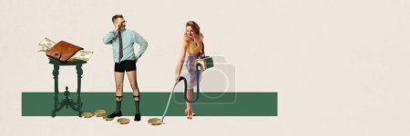 Photo for Businessman standing in underwear ad looking at smiling woman using vacuum cleaner for picking money. Easy money earning hacks. Concept of finance accounting, financial literacy, money, savings - Royalty Free Image