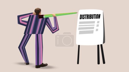 Photo for Contemporary art collage. Man with exaggerated striped attire holding giant pencil, writing on distribution board. Concept of business, financial literacy, personal financial management - Royalty Free Image