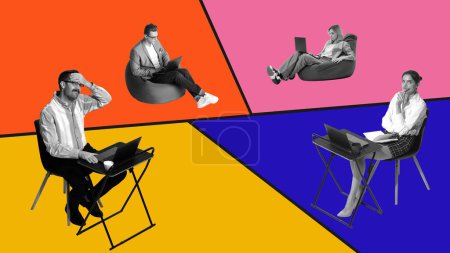 Contemporary art collage. Tired young people sitting in office and their co-workers working online in comfy environment. Concept of business, multitasking and time management, hybrid work.