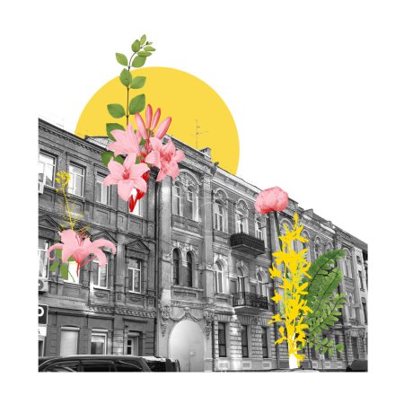 Téléchargez les photos : Collage créatif avec bâtiment ancien monochrome et fleurs fleuries colorées sur fond clair avec élément jaune. Thème urbain. Concept d'architecture, vision créative, ambiance printemps et été - en image libre de droit