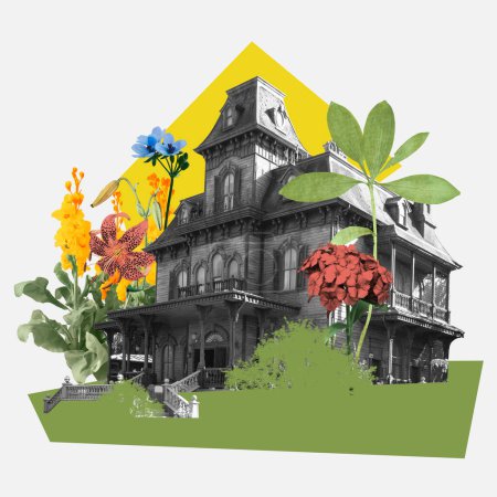 Photo for Creative collage with monochrome Victorian house surrounded by various colorful flowers. Advertisement for urban hotel highlighting unique architectural charm. Concept of architecture, creative vision - Royalty Free Image