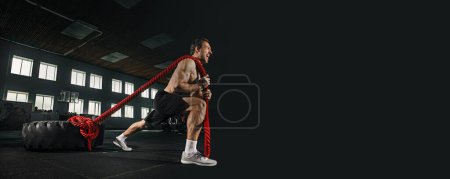 Photo for Shirtless young fit man with muscular athletic body pulling heavy tire with rope at gym. Concept of fitness, sport, workout, athlete, power, training, bodybuilding. Banner. Empty space to insert text - Royalty Free Image