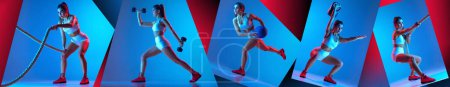 Photo for Young sportive girl training with sports equipment, ropes, weights and dumbbells in gym on gradient blue-pink studio background in neon light. Concept of fitness, sport, workout, health. Banner - Royalty Free Image