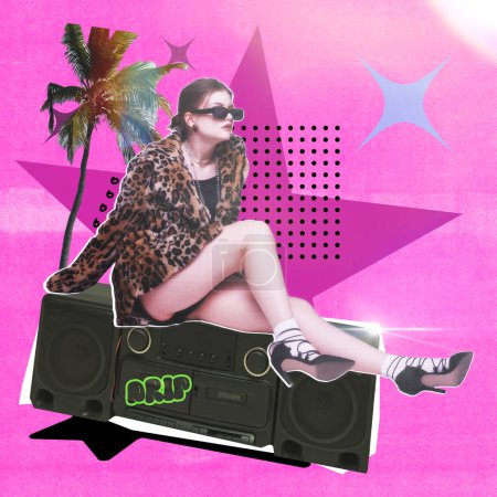 Stylish young woman in animal print fur coat, sunglasses sitting on music player on bright pink background. Contemporary artwork. Concept of y2k art, generation z youth culture, fashion and lifestyle