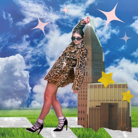 Young girl in leopard print coat and high heels posing with abstract urban building over blue sky background and sparkles. Contemporary art. Concept of y2k art, generation z youth culture, fashion