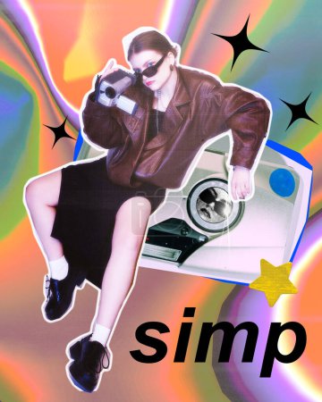 Stylized model with vintage camera, leather jacket and retro background with colorful gradients. Contemporary art collage. Concept of y2k art, generation z youth culture, fashion and lifestyle
