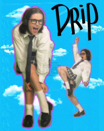 Young girl in school uniform style clothes listening to music in headphones and dancing over blue sky background. Contemporary art collage. Concept of y2k art, generation z youth culture, fashion
