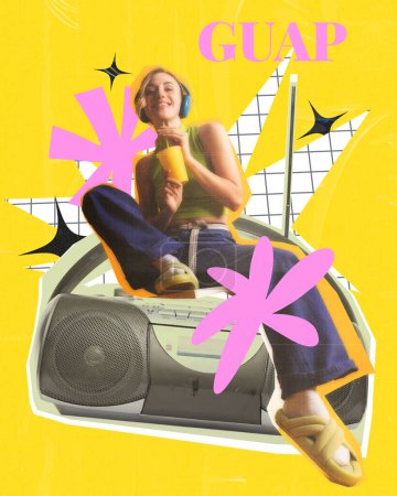 Smiling positive young girl sitting on retro music player, listening to music in headphones and drinking juice. Contemporary art collage. Concept of y2k art, generation z youth culture, fashion