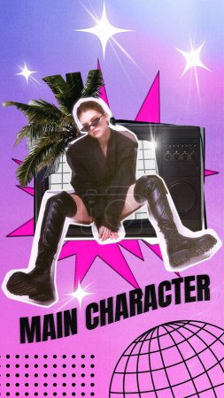 Stylish young girl in leather jacket, boots and sunglasses sitting beat retro tv on abstract gradient background. Contemporary art. Concept of y2k art, generation z youth culture, fashion, lifestyle