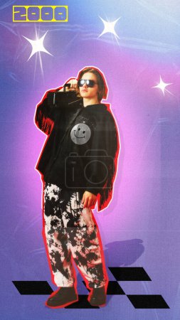 Stylish young guy in oversized sport style casual clothes listening to music with retro music player holding on shoulder. Contemporary artwork. Concept of y2k art, generation z youth culture, fashion