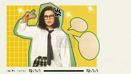 Young woman in glasses making peace sign with speech bubbles and a pop art style background. Contemporary art collage. Concept of y2k art, generation z youth culture, fashion and lifestyle