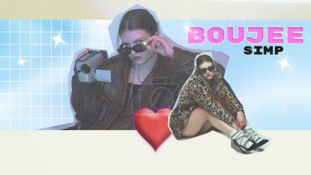 Stylish woman with vintage camera and heart graphic, with BOUJEE SIMP text. Contemporary art collage. Concept of y2k art, generation z youth culture, fashion and lifestyle