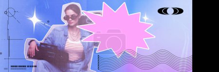 Woman in denim jacket with boombox, styled with geometric and abstract shapes in the background. Concept of y2k art, generation z youth culture, fashion and lifestyle
