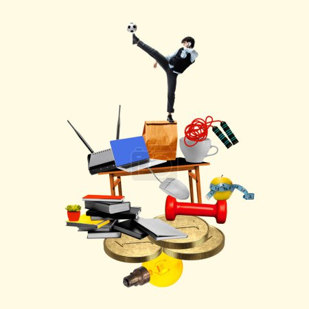 Man standing on top of different items, talking on phone and playing football. Work and sport items. Conceptual contemporary art collage. Concept of work-life balance, time management, job and leisure