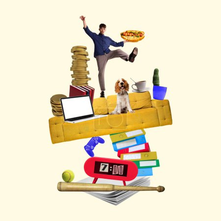 Balanced items on couch, man with hotdog, dog beside laptop, pile of coins, alarm clock. Multitasking. Conceptual contemporary art collage. Concept of work-life balance, time management, home life