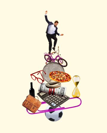 Photo for Positive businessman balancing on lifestyle hobby and leisure activities and business lifestyle. Conceptual contemporary art collage. Concept of work-life balance, time management, success, job, fun - Royalty Free Image