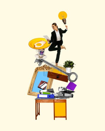 Photo for Concentrated businesswoman balancing with life and working tasks, eating breakfast and looking on projects. Conceptual contemporary art collage. Concept of work-life balance, time management - Royalty Free Image