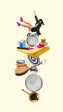 Young woman falling down on business routine, avoiding spa and self-care items. Conceptual contemporary art collage. Concept of work-life balance, time management, lifestyle and leisure