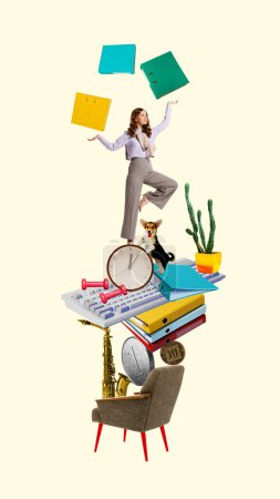 Photo for Young woman, employee balancing between working tasks and home lifestyle, leisure and pets care. Conceptual contemporary art collage. Concept of work-life balance, time management, motivation - Royalty Free Image