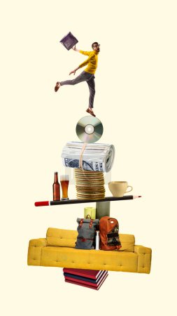 Photo for Businessman balancing on working items, money and travelling backpacks. Man in harmony with work and hobby. Conceptual contemporary art collage. Concept of work-life balance, time management - Royalty Free Image