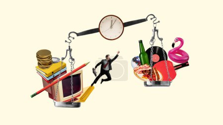 Photo for Businessman jumping on scales from working routine into leisure and vacation time. Choosing rest after hard work. Conceptual contemporary art collage. Concept of work-life balance, time management - Royalty Free Image