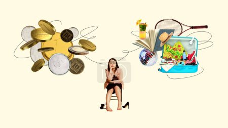 Photo for Stressful businesswoman sitting between choice and leisure items. Making choice between work and leisure time. Conceptual contemporary art collage. Concept of work-life balance, time management - Royalty Free Image