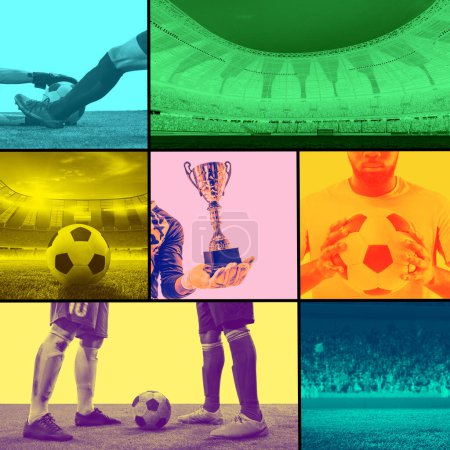 Foto de Collage de imágenes temáticas de fútbol incluyendo jugadores de fútbol, estadio con tribuna con aficionados, trofeo y pelota. Monocromo. Concepto de deporte, competición, campeonato, evento en vivo y torneo - Imagen libre de derechos