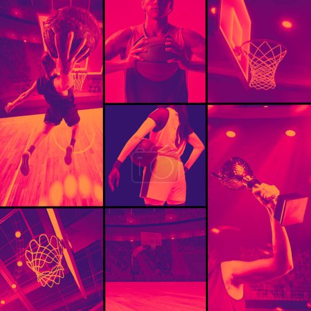 Foto de Collage de imágenes de baloncesto incluyendo jugadores, aro y trofeo. Captura de momentos deportivos dinámicos. Monocromo. Concepto de deporte, competición, campeonato, evento en vivo y torneo - Imagen libre de derechos