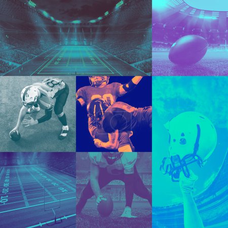 Foto de Collage de imágenes de fútbol americano con jugadores durante el juego de fútbol en movimiento y estadio. Evento deportivo en vivo. Monocromo. Concepto de deporte, competición, campeonato, evento en vivo y torneo - Imagen libre de derechos