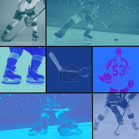 Foto de Collage de imágenes de hockey sobre hielo con jugadores en movimiento, equipo y escenario. Captura de momentos deportivos dinámicos. Monocromo. Concepto de deporte, competición, campeonato, evento en vivo y torneo - Imagen libre de derechos