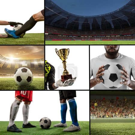 Foto de Collage de imágenes temáticas de fútbol incluyendo jugadores de fútbol, estadio con tribuna con aficionados, trofeo y pelota. Concepto de deporte, competición, campeonato, evento en vivo y torneo - Imagen libre de derechos