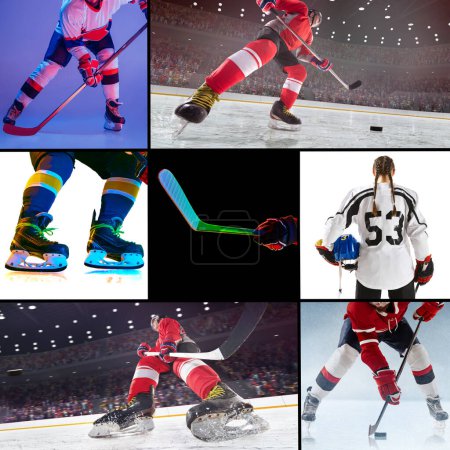 Téléchargez les photos : Collage d'images de hockey sur glace avec des joueurs en mouvement, des équipements et des arénas. Capturer des moments sportifs dynamiques. Concept de sport, compétition, championnat, événement en direct et tournoi - en image libre de droit