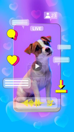Photo for Jack Russell Terrier dog in smartphone surrounded by social media interaction symbols. Social media campaign for pet care. Concept of social media, influence, animal theme, entertainment - Royalty Free Image