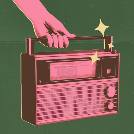Photo for Illustration of hand holding retro radio with stars. Dual-tone image. Poster for a music festival with a throwback theme. Concept of music, festival, creativity, retro and vintage. 1980s pop culture. - Royalty Free Image