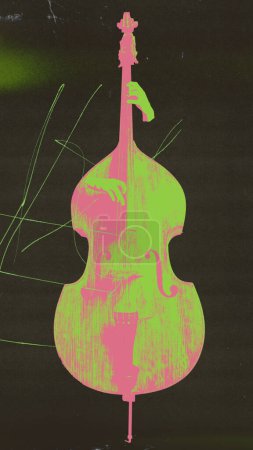 Foto de Violonchelo verde y rosa sobre fondo negro. Actuación clásica de violonchelo, música orquestal clásica. Concepto de música, festival, creatividad, retro y vintage. Diseño creativo - Imagen libre de derechos