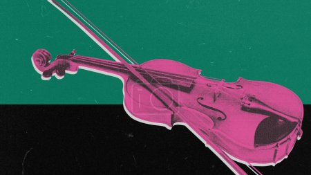 Photo for Pink wooden violin on green background. Concert of classical music, history of melodies. Concept of music, festival, creativity, retro and vintage. Creative design - Royalty Free Image
