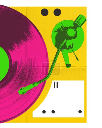 Photo for Stylized vinyl record and turntable tonearm on a dual-tone background. Album artwork for an electronic music artist. Concept of music, festival, creativity, retro and vintage. Creative design - Royalty Free Image