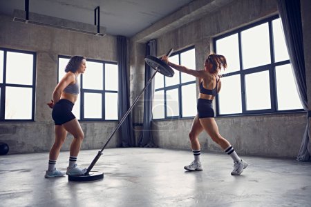 Photo for Focused athlete women doing rotational landmine press exercise in workout space, gym. Dynamic and energy. Concept of professional sport, active lifestyle, bodybuilding, training, motivation. Ad - Royalty Free Image