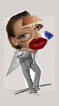 Photo for Young girl doing rhinoplasty and under eyes circles surgery reduction. Modern beauty standards. Contemporary artwork. Concept of beauty treatment, plastic surgery, medicine, clinical cosmetology, ad - Royalty Free Image