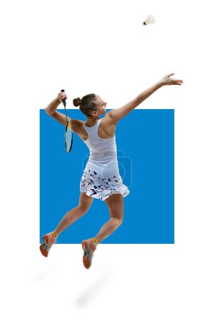 Photo for Poster. Motivated athlete in motion, young girl, badminton player hitting shuttlecock in jump isolated on white background with blue element. Professional sport, active lifestyle, hobby, game concept - Royalty Free Image