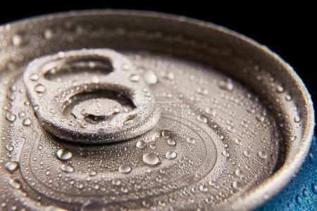 Photo for Close-up photo of aluminum closed jar of beer, coke, soda with condensation water drops against black background. Concept of alcohol and non-alcohol drinks, refreshment. Poster, banner for ad - Royalty Free Image