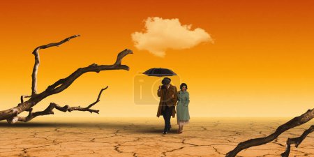 Photo for Couple walking with umbrella in dry desert landscape, single cloud above. Contemporary art collage. Couples journey through challenging times. Concept of surrealism, creative vision. Poster - Royalty Free Image